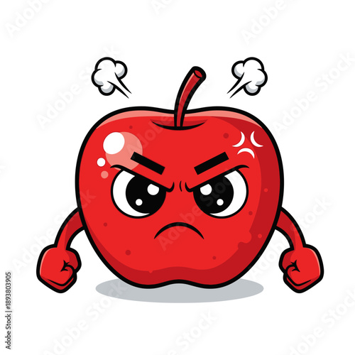 Angry red apple character with flexed arms and furrowed brow, expressing displeasure and irritation in a cartoon illustration