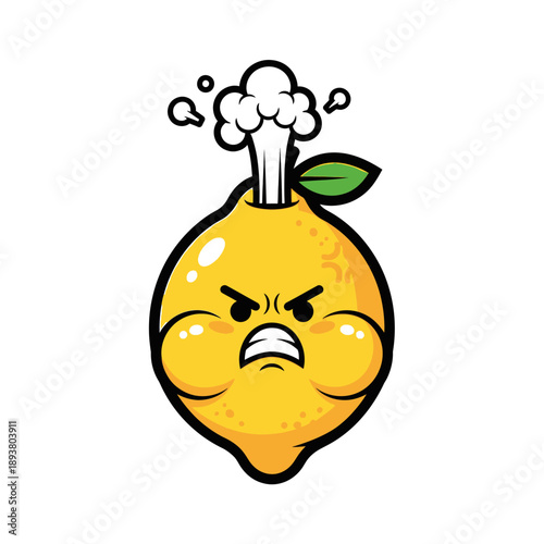 An angry lemon with a furrowed face and steam, expressing frustration, cartoon illustration