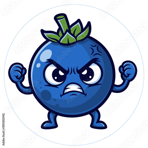 An angry blueberry character with clenched fists and a frowning face is standing in a circular frame ready for action