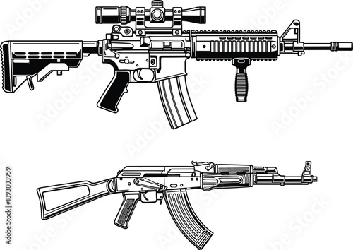 Black and white vector illustration set featuring modern tactical assault rifles with scopes and handles for military combat defense and shooting sports design
