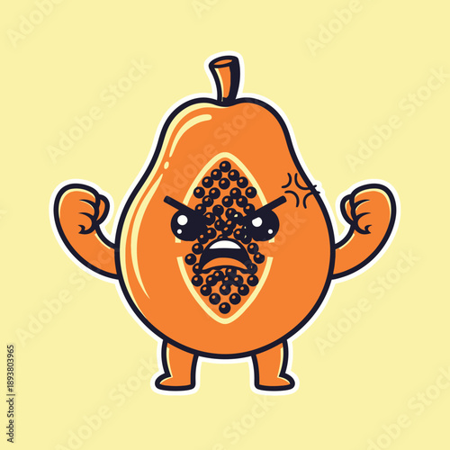 A cartoon pear with a menacing expression stands against a soft yellow background with its fists clenched in a comical illustration.