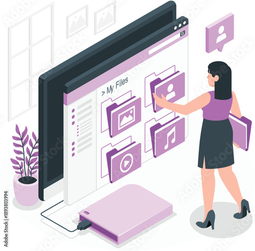Modern isometric woman managing digital files on computer. A vector illustration of a woman in a professional attire managing digital files on a computer screen using an isometric style. The image inc