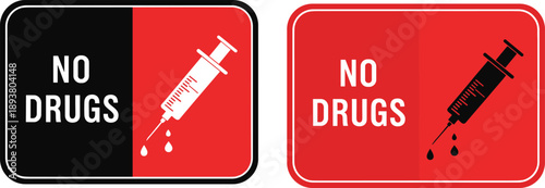 No drugs warning sign icons set featuring syringe symbol, anti drug message, prohibition awareness, health safety campaign design isolated on white background