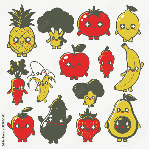 A colorful collection of cartoon fruits and vegetables with smiling faces arranged together in a playful display.