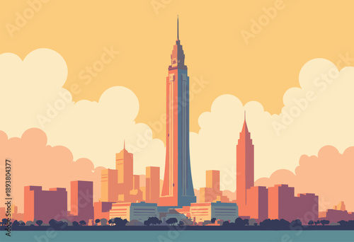 Cleveland Terminal Tower illustrated Art Deco poster style Strong vertical lines geometric clouds warm golden sky