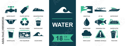 Water icon set. Containing wave, river, ocean, droplet, fish, rain cloud, flood warning, water filter, recycle, hydration cup and more. Solid fill vector icons collection