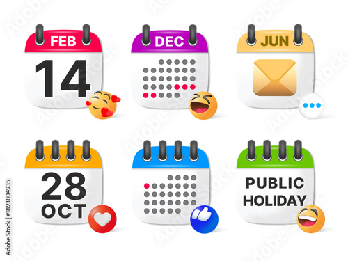 3D Calendar Icon Set with Highlighted Dates, Public Holidays, Events and Reminders, Colorful Schedule and Time Management Vector Illustration