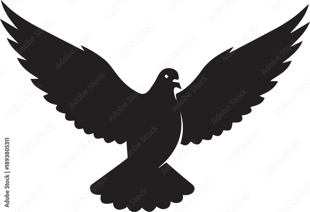 Fototapeta premium Flying dove vector silhouette line art illustration with spread wings peace concept