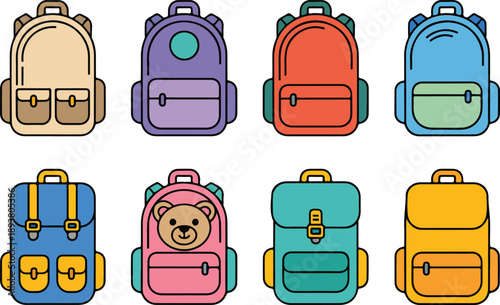 Colorful Backpack Vector Set  School Bags and Kids Cartoon Rucksacks