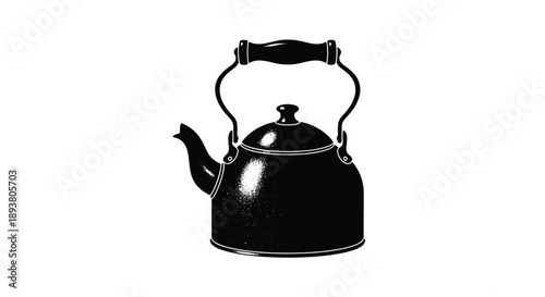 Vintage black kettle illustration with a curved handle and spout