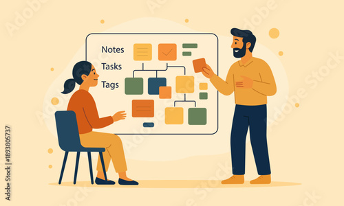 Flat vector illustration of two people discussing task management and workflow planning using a visual board with notes, tasks and tags.