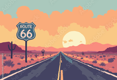 classic Route 66 desert highway scene vanishing point road retro motel sign foreground Warm heat waves setting sun