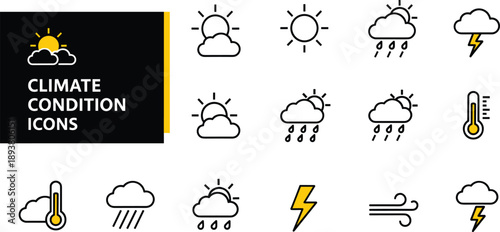Professional climate condition line icon set featuring sunny clouds, lightning storms, rainy weather, wind speed symbols, and temperature thermometer measurements for environmental design.