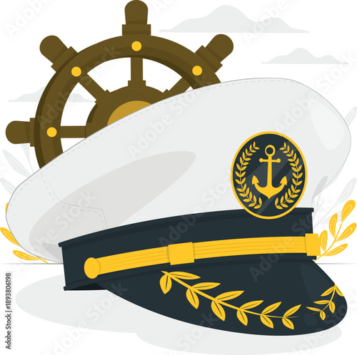Navy captain's hat with anchor emblem and ship wheelA detailed vector illustration of a navy captain's hat featuring a prominent anchor emblem and a ship wheel on a white background.
