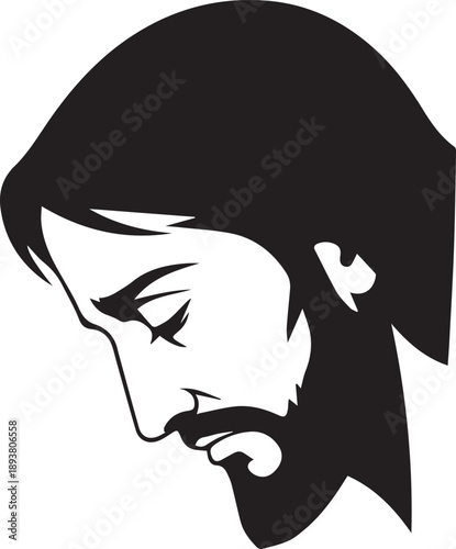 Bearded man face profile vector silhouette illustration looking down thinking for line art