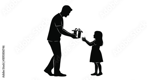 A silhouetted father giving a gift to his young daughter