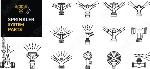 Professional sprinkler system parts line icon set featuring garden irrigation nozzles, lawn watering sprayers, agriculture valves, and automatic landscape hydration equipment for design.