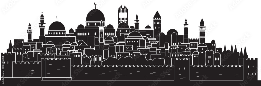 Naklejka premium Old jerusalem city panoramic vector silhouette illustration line art historical skyline