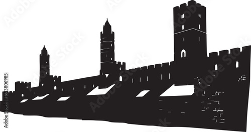 Massive ancient city wall fortress vector silhouette illustration architecture historical line art.