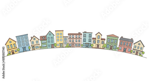 A whimsical and vibrant illustration showcasing a charming collection of diverse residential and commercial buildings lining a curving street, perfect for conveying a sense of community and urban life