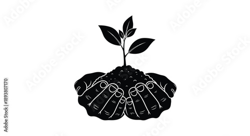 Hands cradling soil and a small plant sprout symbolizing growth