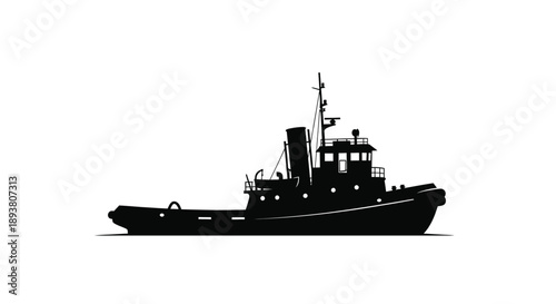 Silhouette of a tugboat against a stark white background