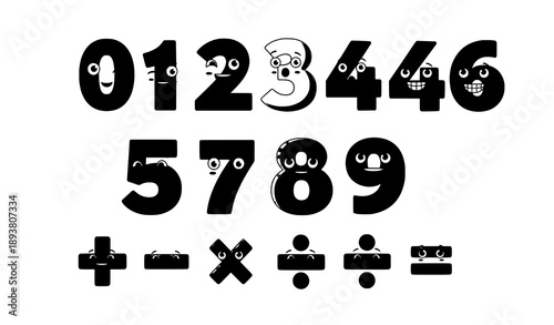 Cheerful Number Characters and Math Symbols Vector Illustration