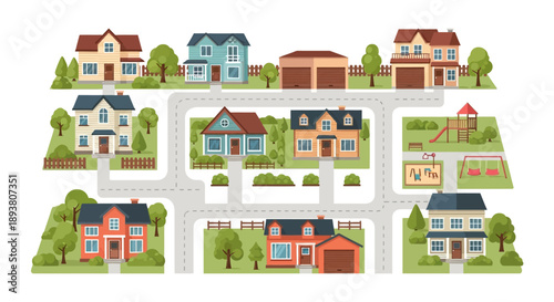 Lively suburban neighborhood map with diverse homes, connecting roads, and a fun children's playground, illustrating a happy, interconnected community design