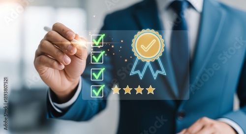 Businessman verifying quality assurance standard for corporate compliance certification. Digital service guarantee control system. Virtual inspection management approval rating with 5 star checkmark.