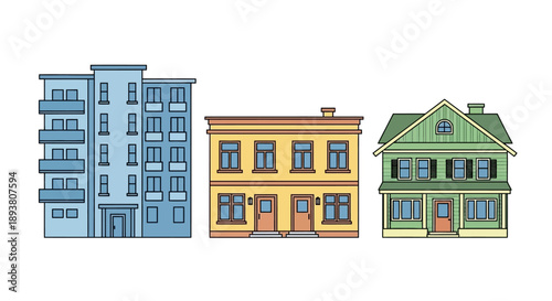Illustrative vector set of residential buildings modern apartment, classic duplex, and family home. Ideal for real estate, housing market, and urban development projects