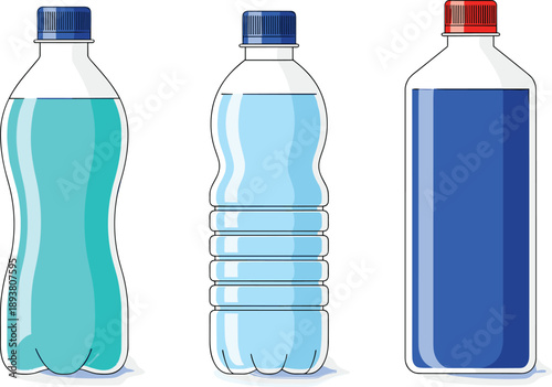 Set of plastic water bottles with blue liquidSet of plastic water bottles with blue liquid