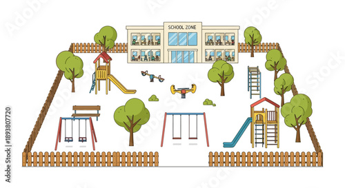 Vibrant illustration of a school playground, showing a building, swings, slides, seesaw within a fenced, safe zone for children's outdoor play and learning