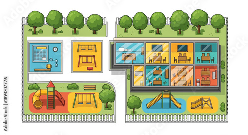 Overhead illustrated plan of a vibrant children's educational facility, showcasing modern learning environments and a lively outdoor playground designed for active youth development and fun activities