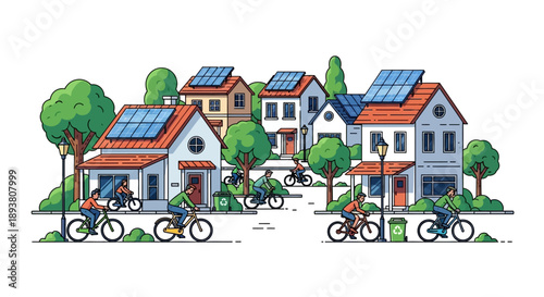 A lively illustration depicting a sustainable neighborhood where homes are powered by solar energy, residents cycle for transport, promoting an eco-friendly and active community lifestyle