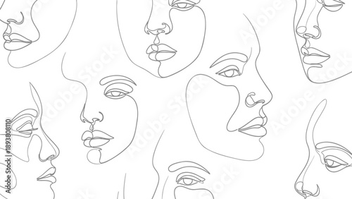 Minimalist line art faces of multiple women in profile views on white background