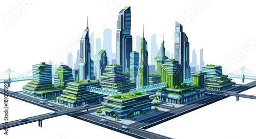Vibrant illustration of a futuristic green city, featuring sustainable architecture, advanced urban infrastructure, eco-friendly buildings, and interconnected roads, depicting a modern metropolis