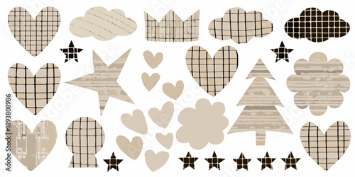 Assorted patterned shapes including hearts stars and trees on white