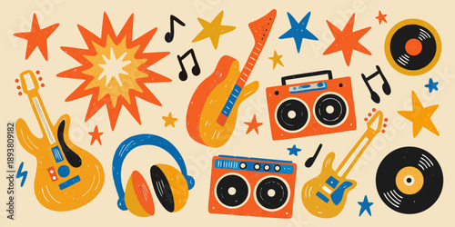 Colorful illustration featuring musical instruments and retro audio equipment