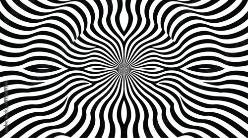Optical illusion with black and white wavy stripes radiating from center
