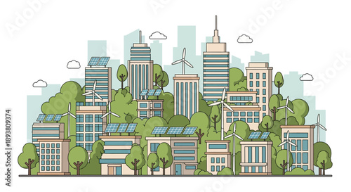Sustainable Urban Landscape with Modern Eco-Friendly Buildings Powered by Renewable Energy Sources, Promoting a Greener Future and Clean Environment