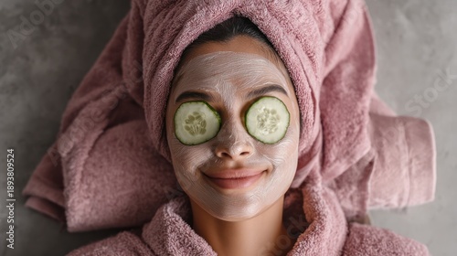 Smiling woman with face mask & cucumber slices on eyes, wrapped in a towel, relaxing