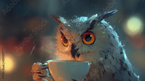 Snowy owl with orange eyes, holding a warm cup of tea in the rain