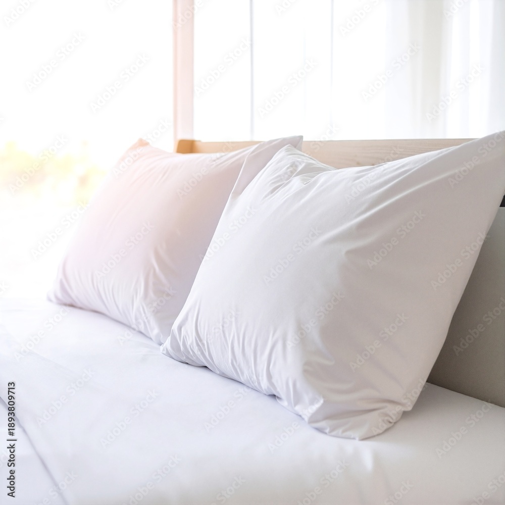 Obraz premium a neatly made bed with crisp white sheets, two fluffed pillows, and soft natural light gently illuminating the scene