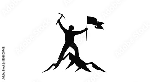 Silhouette of a person celebrating victory atop a mountain peak