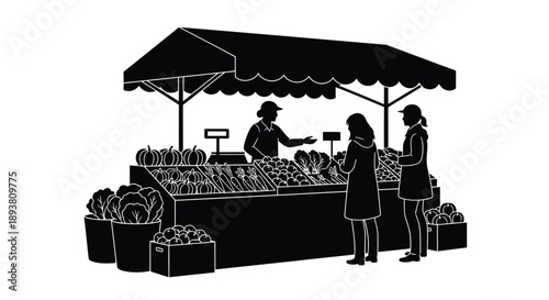 Black and white illustration of a market stall with vendor and customers