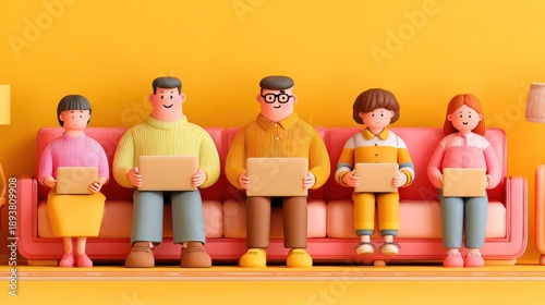 Stylized family of five, cartoon-like, holding cardboard boxes, seated on a pink sofa