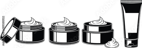 Black and white vector illustration set of cosmetic cream jars and a lotion tube for beauty skincare branding and health product design