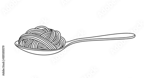 A black and white illustration of spaghetti served on a spoon
