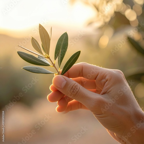 Close up of a hand holding a green olive branch with sunlight filtering through the leaves during golden hour creating a warm glow