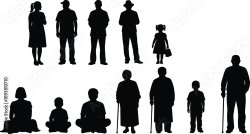 Family People Silhouettes Set, Men Women Children Elderly Standing and Sitting Poses, Generations Concept, Daily Life Characters, Black Vector Illustration